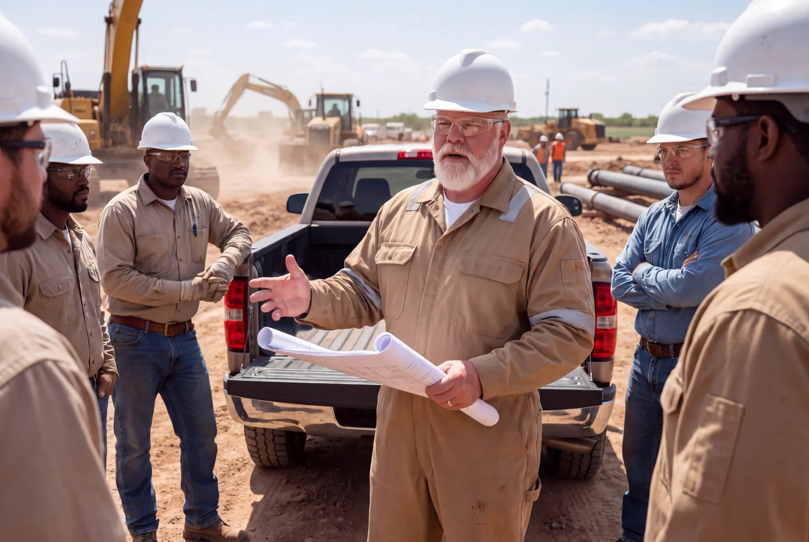 Field leader briefing a construction and operations team