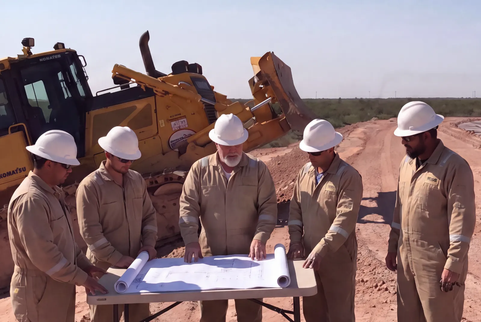 Field team reviewing construction plans beside heavy equipment