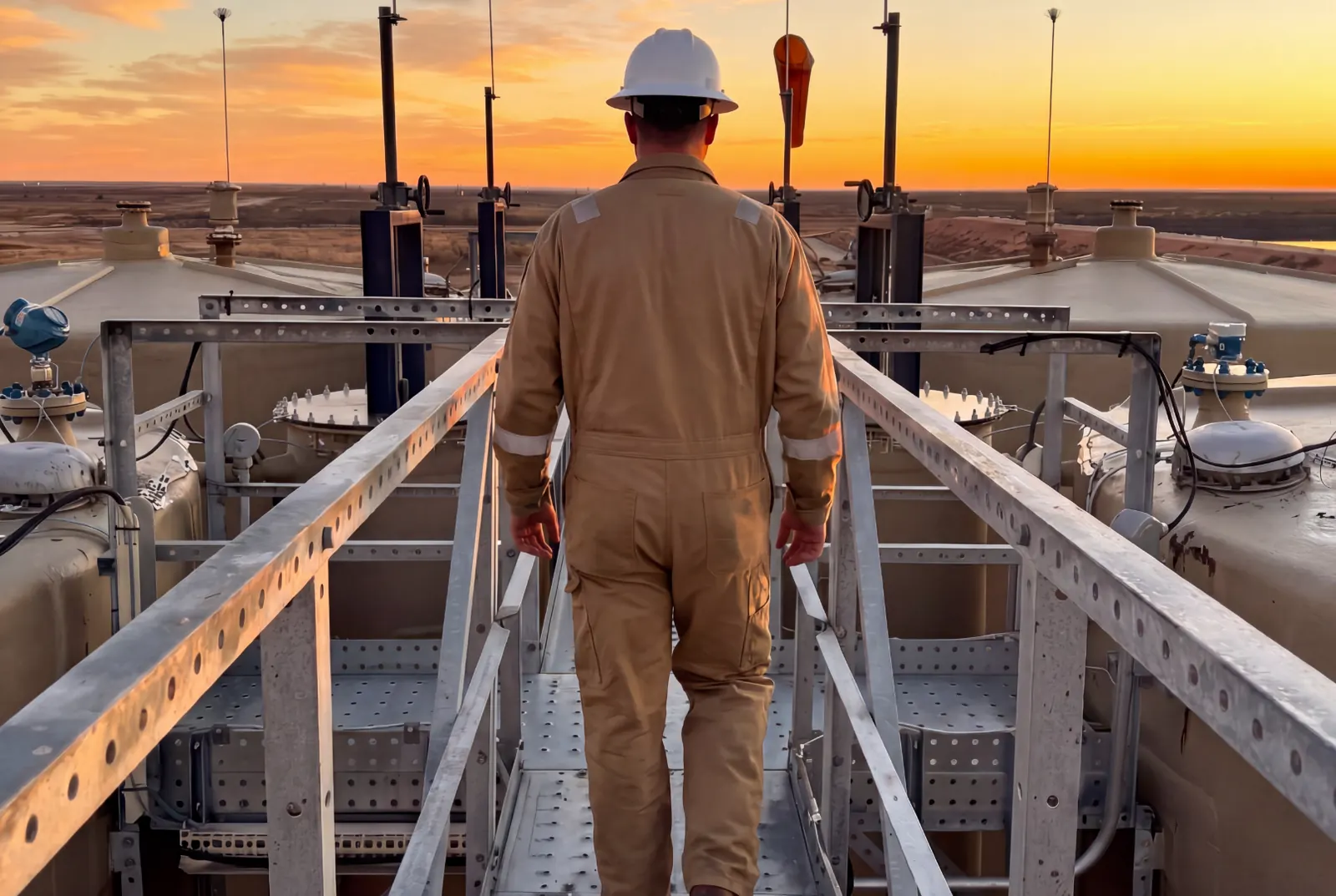 Operator walking between process equipment at sunset