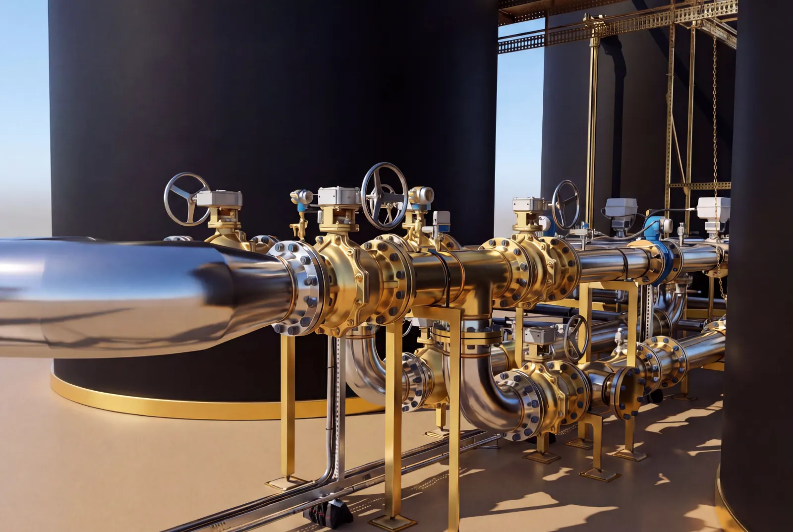 Polished process piping, valves, and manifolds between storage tanks