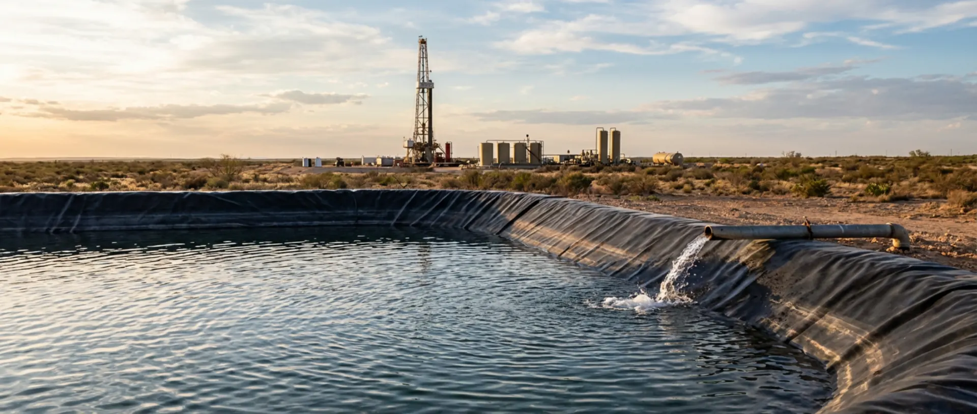 Lined water storage pond with transfer pipe and drilling infrastructure in the distance